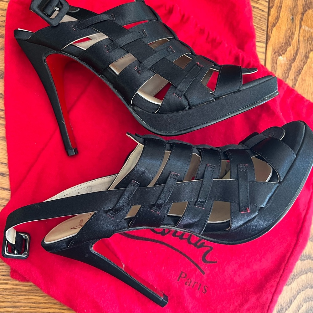 Christian Louboutin Paquita 120 Crepe Satin Black Caged Ankle - Women’s 40
